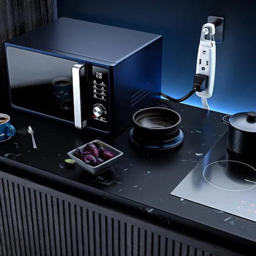 Vista 5 de Maximm Cable de extensión con sistema de gancho extraíble, cable de extensión de 3 tomas, con diseño de enchufe plano de 45° para colgar al nivel