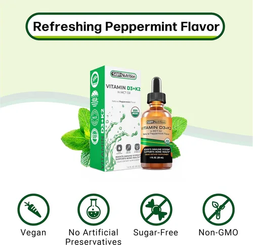 Vista 4 de SBR Nutrition Máxima absorción, vitamina D3 + K2 (MK-7) gotas líquidas con aceite MCT, sabor a menta, ayuda a apoyar huesos fuertes y corazón