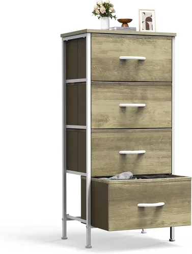 Vista 17 de Sweetcrispy Cómoda alta de tela para dormitorio, cómoda delgada de 6 cajones, torre de almacenamiento estrecha con parte superior de madera y marco