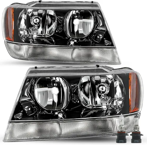 Vista 9 de SOCKIR Conjunto de faros delanteros compatible con Jeep Grand Cherokee 1999-2004 halógeno (carcasa negra, parte inferior ámbar, con bombillas)