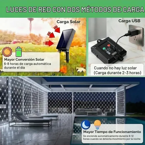 Vista 3 de Pooqla Luces de red solar, 10 x 10 pies, 280 luces LED de red para cenador al aire libre con 8 modos, funciona con energía solar y USB, impermeable