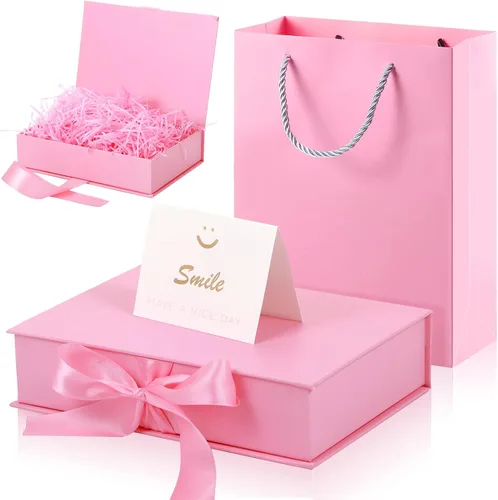 Vista 12 de Zonon - Caja de regalo de lujo color negro y rosa con tapa y cinta, bolsa de regalo de 9 x 7 x 3 pulgadas, con tarjeta de felicitación, papel