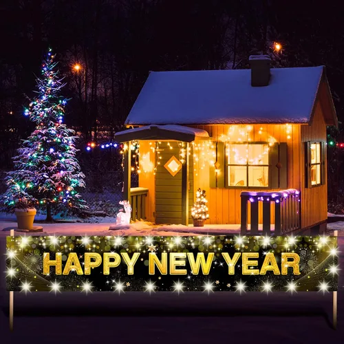 Vista 5 de Letrero grande de feliz año nuevo con luces LED para decoraciones de Navidad, cartel negro y dorado de 118 x 19.6 pulgadas con clips transparentes
