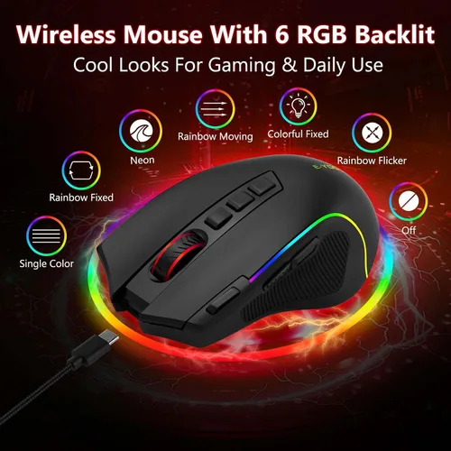 Vista 5 de E-YOOSO - Ratón inalámbrico Premium Bluetooth versátil, 8000 DPI, 6 retroiluminado RGB, USB C recargable, ergonómico, 2.4G/BT/con cable, tecla