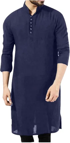 Vista 6 de Camisa de estilo árabe de moda para hombre, manga larga, botón de cuello alto, pulóver, bata musulmana sólida, Thobe largo #01 negro