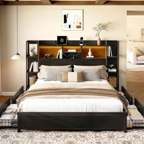 Vista 9 de BRELTAM Base de cama tamaño Queen con 4 cajones de almacenamiento y cabecero con almacenamiento de estantes, marco de cama de plataforma de madera