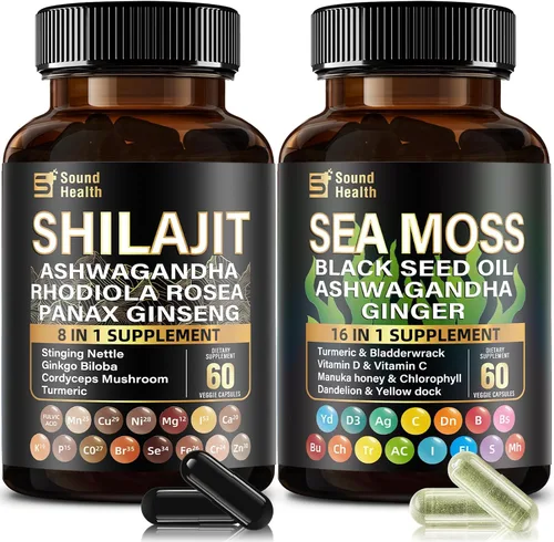 Vista 8 de Cápsulas de musgo marino con Ashwagandha, cúrcuma, vejiga, vitaminas C y D para energía natural, apoyo para el sueño y crecimiento del cabello