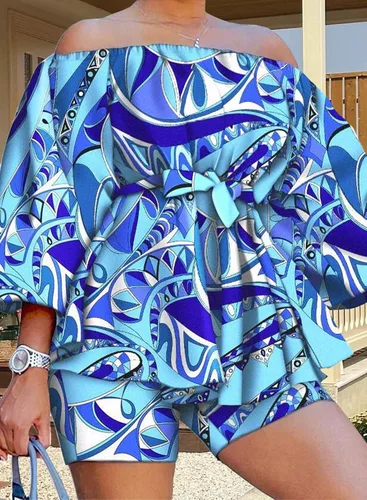 Vista 2 de EQQZD 2 Piece African Outfits for Women Boho Floral Print Off Shoulder Romper Top Shorts Set Plus