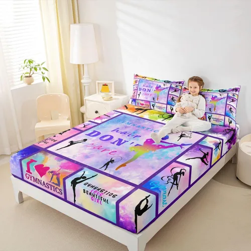 Vista 18 de Sábana bajera ajustable de ballet para niñas, juego de ropa de cama de ballet para danza de ballet, sábanas de cama con rayas geométricas onduladas