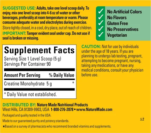 Vista 9 de Nature Made Polvo de Monohidrato de Creatina Micronizada 5 g por Porción, Polvo de Mezcla para Bebidas Sin Sabor, Apoyo Muscular, 450 g, Suministro
