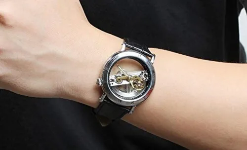 Vista 5 de Reloj mecánico automático para hombre, reloj de pulsera de acero inoxidable esqueleto de cuerda automática,Relojes de diseño de esfera transparente