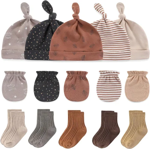 Vista 13 de Ruliby Conjunto de Gorros, Manoplas y Calcetines para Bebé de Algodón, Gorro Beanie Suave para Recién Nacidos, Gorros Guantes para Niñas y Niños 0-6