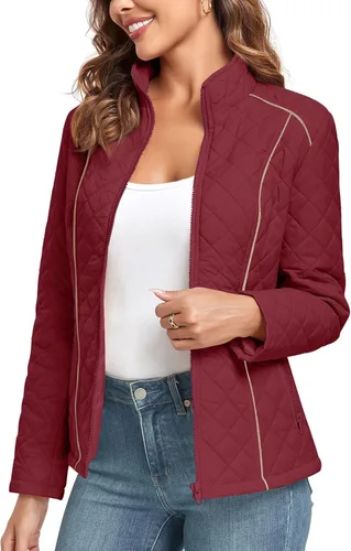 Vista 2 de Anyhold Women's Lightweight Full Zip Jacket Diamond Quilted Coat Long Sleeve Stand Collar Trendy Winter Coat with Pockets