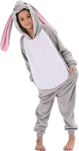 Vista 8 de HIBCIGA Disfraz de mameluco para niños, cosplay de animales para niños y niñas, Halloween, cálido, de felpa, de una pieza, conejo gris