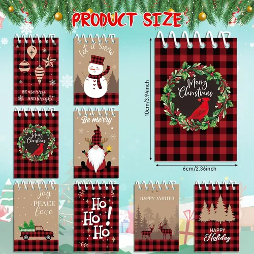 Vista 2 de Funrous 24 Piezas Mini Blocs de Notas en Espiral de Navidad, Tema Navideño de Cuadros Búfalo, Mini Bloc de Notas Pequeño con Patrón de Muñeco