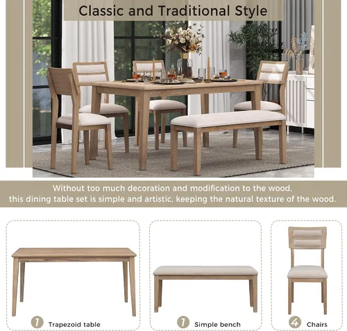 Vista 5 de Juego de mesa de comedor de 6 piezas con 4 sillas tapizadas y banco, mesa de comedor rectangular de madera de estilo tradicional para cocina, sala