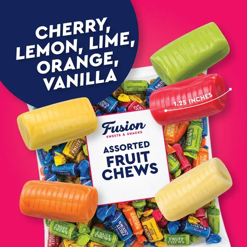 Vista 4 de Caramelos masticables de frutas, bolsa de 2 libras, envueltas individualmente, sin gluten Cherry, Lemon, Lime, Orange, Vanilla Flavors, Soft Chewy