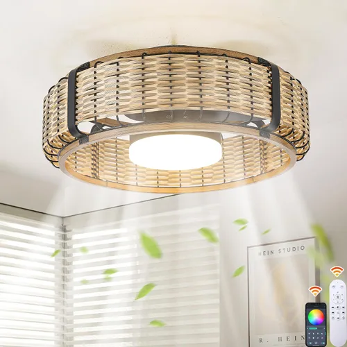 Vista 10 de Ganeed Ventilador de techo bohemio de 20 pulgadas con luz, ventilador de techo enjaulado de ratán tejido a mano con luz y control remoto, ventilador