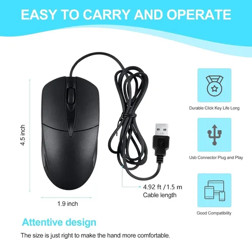 Vista 2 de 60 unidades de mouse USB con cable negro para computadora, a granel, 1000 DPI, 3 botones, con cable con cable con cable para oficina en casa
