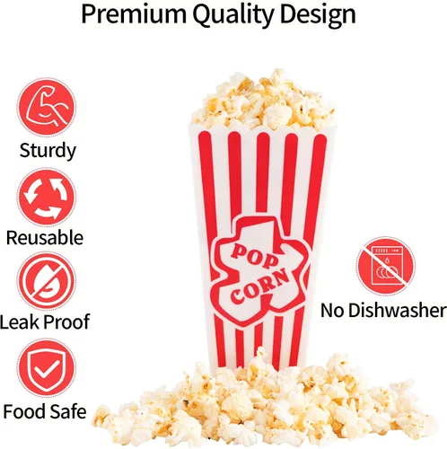 Vista 5 de RAYMEA Recipientes de plástico para palomitas de maíz, cajas reutilizables de estilo retro a rayas rojas y blancas para noche de cine de 4 x 8