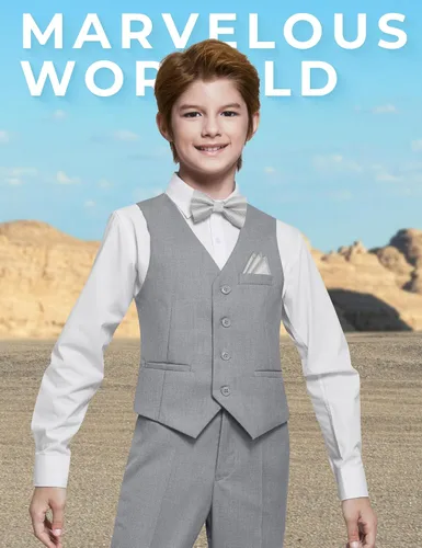 Vista 4 de Marvelous World - Conjunto de traje formal de corte entallado para niños, cintura ajustable