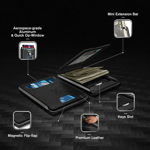 Vista 2 de INCIPAL Cartera minimalista de cuero para hombre, soporte de tarjeta de crédito de metal de cuero con clip para dinero, Fibra de carbono, Soporte