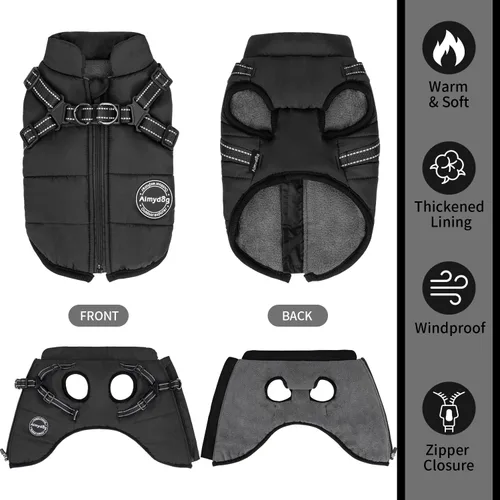 Vista 4 de Abrigo de invierno para perro, chaqueta cálida para perro, chaleco reflectante ajustable de vellón con arnés integrado, chaqueta de nieve