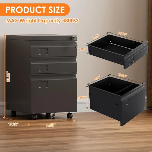 Vista 2 de Archivador de metal de 3 cajones con ruedas, archivador rodante debajo del escritorio para tamaño A4/carta/legal, archivador móvil con cerradura