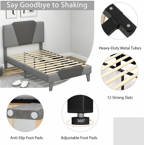 Vista 7 de Giantex Base de cama tapizada de terciopelo individual con cabecero, cama de plataforma moderna con listones de madera fuertes y estribo de 2