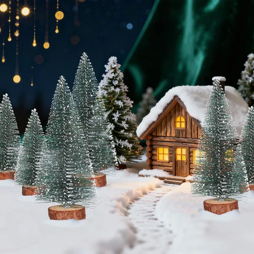 Vista 3 de NUOLUX 6 mini decoraciones de árboles de Navidad, árboles de cepillo para botellas con base de madera, decoración de pueblo de Navidad