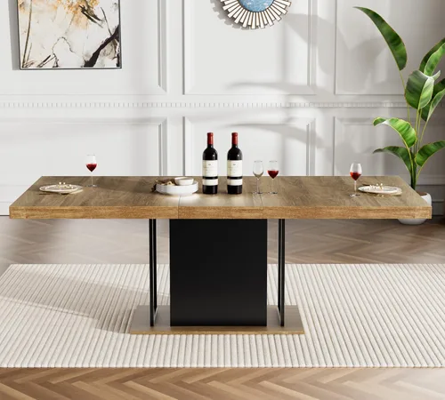 Vista 4 de Juego de mesa de comedor extensible marrón de 9 piezas para 8, 63 a 78.74 pulgadas, juego de mesa de cocina y comedor, mesa de comedor extensible