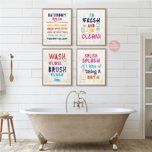 Vista 2 de Juego de póster de baño Rainbow Kids – Arte de reglas divertidas, 8 x 10 pulgadas, decoración para niñas y niños pequeños