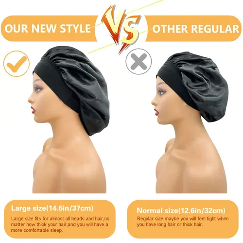 Vista 4 de 2 gorros grandes de seda satinada para dormir, gorros de banda ancha elástica para trenzas de mujeres negras, gorras de seda para dormir nocturnas