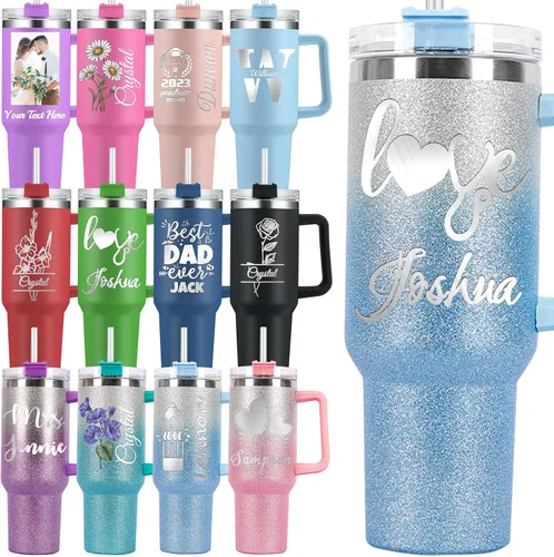Vista 14 de Vaso personalizado con asa personalizado de 40 onzas grabado con nombre de flor de nacimiento con tapa y pajita, taza de café de viaje de acero