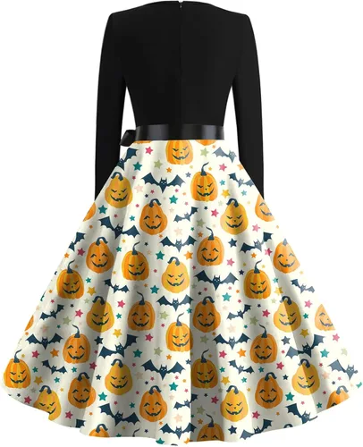 Vista 2 de Vintage Dress for Women Long Sleeve Pumpkin Printed Vintage Dress Party Cocktail Swing Flare 2023 Hollow Costumes
