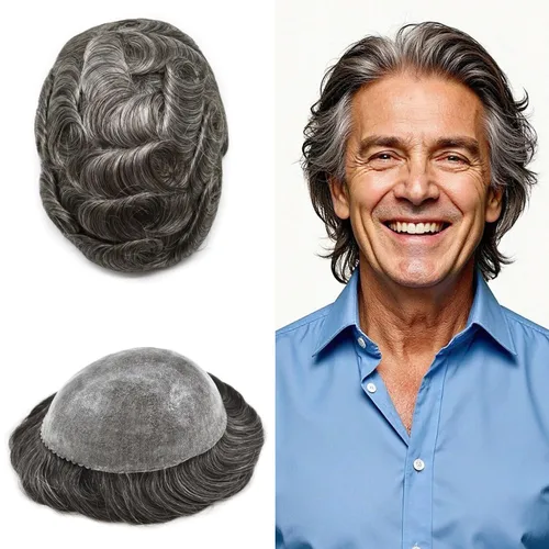 Vista 17 de Toupee para hombre 100% cabello humano real tupé para hombres 0.004 in piel de poliuretano para hombre, sistema de reemplazo de piezas de pelo