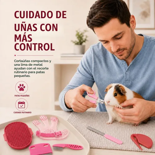 Vista 4 de Kit de aseo de conejo, cepillo de conejo de 7 piezas y cuidado de Rosado