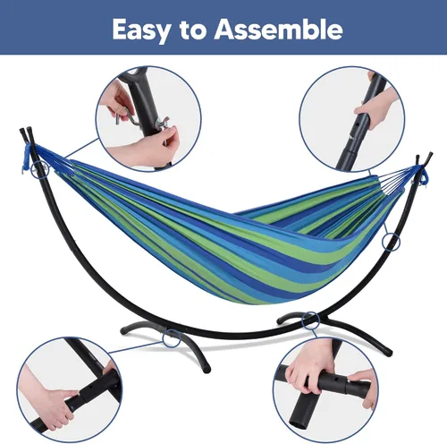 Vista 5 de SUNCREAT Hamaca portátil para exteriores con soporte incluido, hamaca doble con soporte para exteriores, rayas azules y verdes