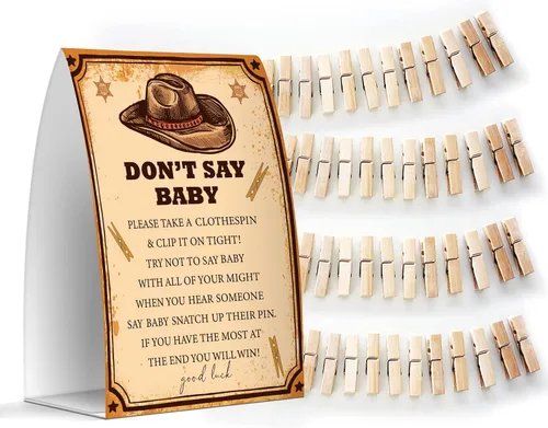 Vista 5 de Juego de texto en inglés "Don't Say Baby", un letrero de 5 x 7 pulgadas y 50 mini pinzas para la ropa, juegos de baby shower, decoración de baby