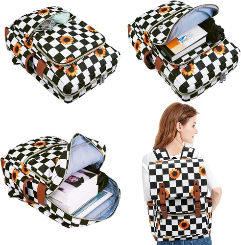 Vista 6 de MCWTH Mochila vintage para laptop para mujeres y hombres, bolsas escolares delgadas de 15.6 pulgadas con puerto de carga USB para estudiantes