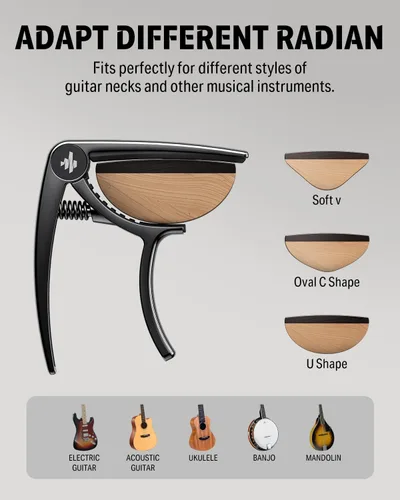 Vista 6 de Donner Cejilla para guitarra eléctrica y acústica DC-2, Ukelele Capo Negro con 4 púas