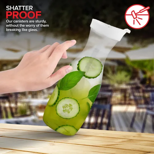 Vista 5 de Jarra de jugo de plástico con tapas (juego de 2) jarras de 32 onzas para barra de mimosa, jarra de bebidas con tapa, botella de agua, recipiente