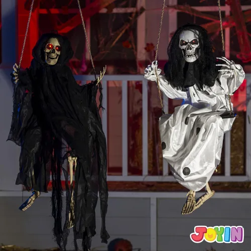 Vista 5 de JOYIN 2 piezas de decoración de fantasmas colgantes de Halloween al aire libre, decoración de Halloween con ojos iluminados, espeluznante esqueleto