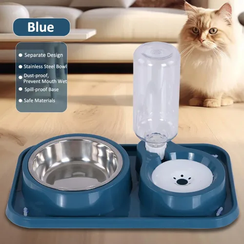 Vista 2 de Juego de cuencos antideslizantes para comida y agua para cachorros y gatos con dispensador de agua y tazón de acero inoxidable desmontable por Azul