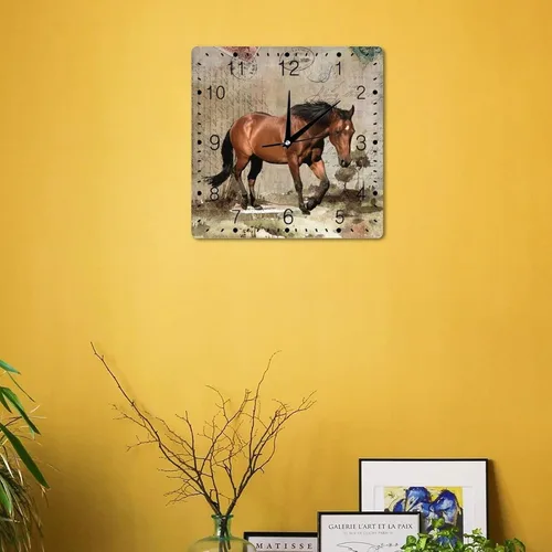 Vista 4 de Reloj de pared de madera moderno de estilo rústico vintage de 10 x 10 pulgadas, funciona con pilas, silencioso, sin tictac, patrón de caballo