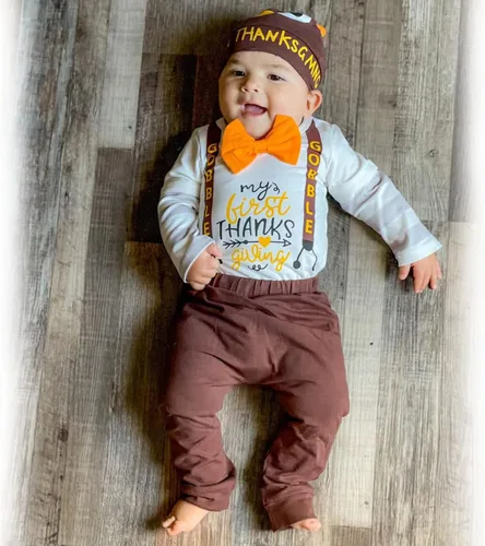 Vista 2 de HINTINA Baby Boy First Thanksgiving Outfits Bodysuit Pants Clothes Set