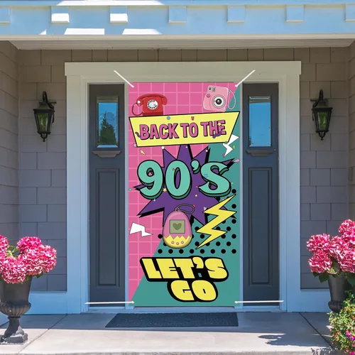 Vista 4 de Cartel de regreso a la puerta de los 90 Decoraciones retro de fiesta de los años 90 para hombres y mujeres Suministros de fiesta de telón