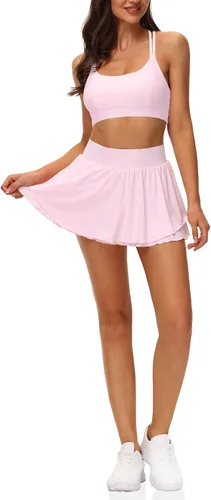 Vista 3 de UrKeuf - Faldas de tenis atléticas con bolsillos de 13 pulgadas y volantes, para golf, correr, entrenamiento, falda pantalón deportiva de seda fría