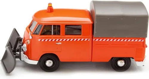 Vista 3 de Volkswagen Tipo 2 (T1) Camión naranja con quitanieves y carcasa de cámper 1/24 fundido a troquel modelo de coche por Motormax
