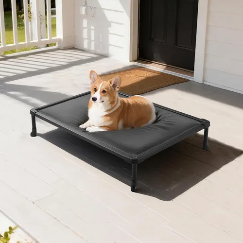 Vista 10 de Veehoo Cama elevada para perros a prueba de masticaciones, catre elevado duradero para mascotas con tapete impermeable relleno de algodón de Gris